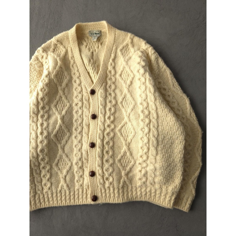 Vintage 1990s L.L. Bean Cable Knit Wool Heavyweight Cardigan Sweater XL Ireland - Picture 2 of 10